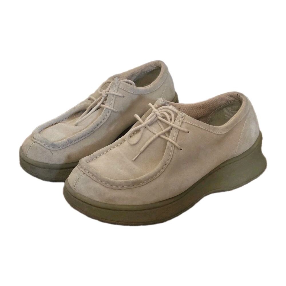Vintage Lower East Side Chunky Platform Loafers Women 9.5 Beige Suede Preppy Y2K